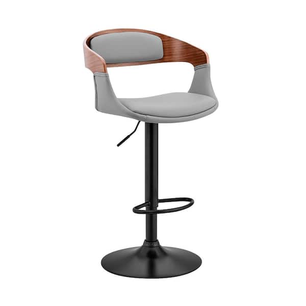 Armen Living Benson 24-32 in. Height Gray/Walnut/Black Low Back Adjustable Bar Stool with Faux Leather