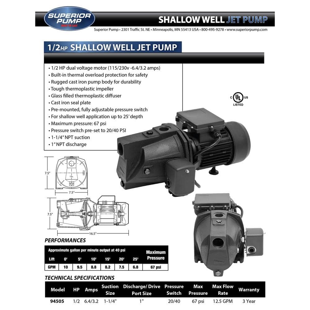 Superior 1/2 HP Black Cast Iron Shallow Well Jet Pump