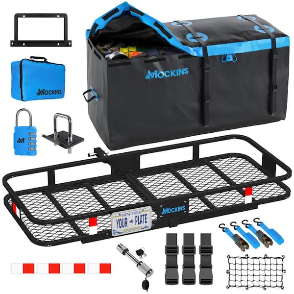 500 lbs. Capacity XL Hitch Mount Cargo Carrier Set - Folding Shank and 2 in. Raise, Cargo Bag, Net, Straps, Locks - Blue