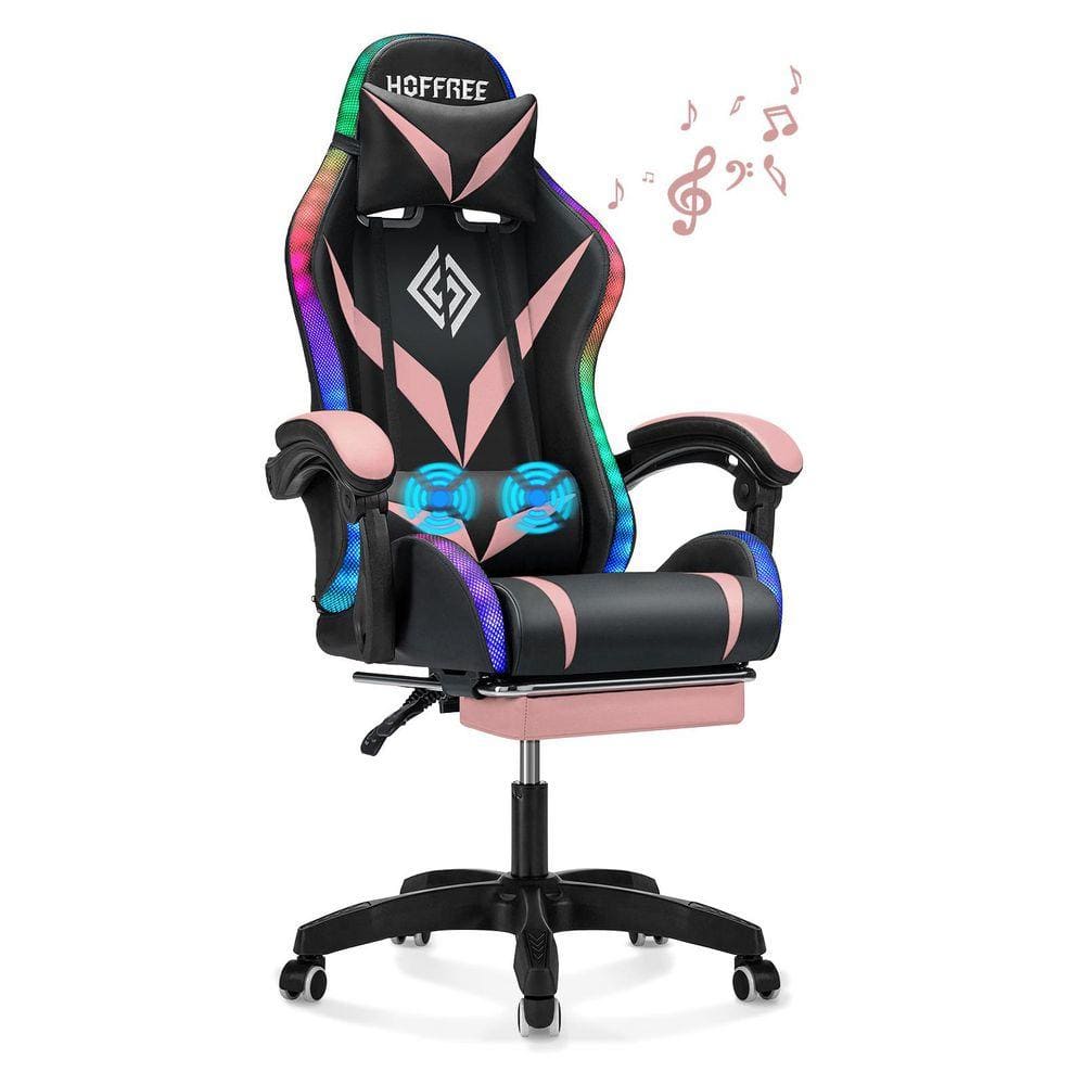 Faux Leather Bluetooth Speakers Massage LED Ergonomic Gaming Chair in Pink-Black with Footrest Headrest Lumbar Support