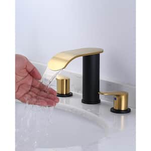 8 in. Widespread Double Handle Waterfall Bathroom Faucet with Pop-up Drain and Supply Hoses in Black and Gold