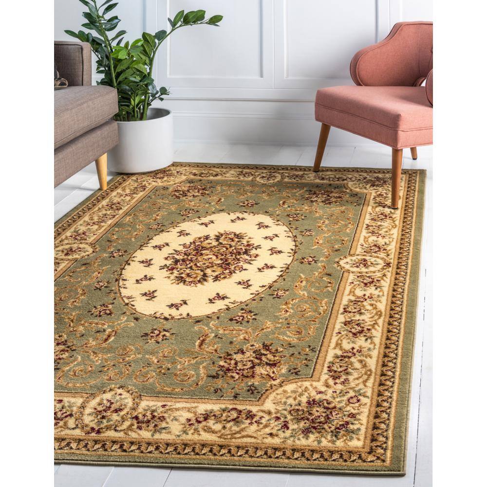 Green and Beige Floral Rectangular Synthetic 9' x 12' Area Rug