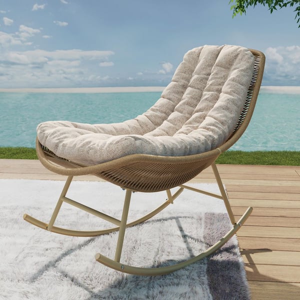 YIYEKE Wicker Outdoor Rocking Chair Patio Rattan Rocker Chair with Beige Cushions and Steel Frame