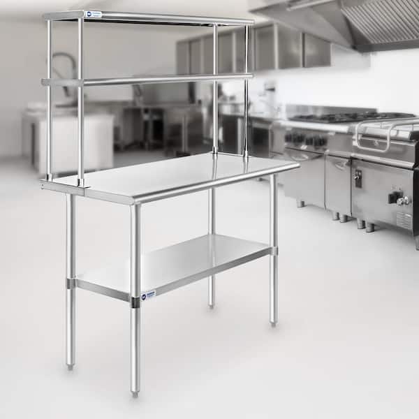 GRIDMANN 60 x 30 in. Stainless Steel Kitchen Utility Table with Bottom Shelf and Double Overshelf