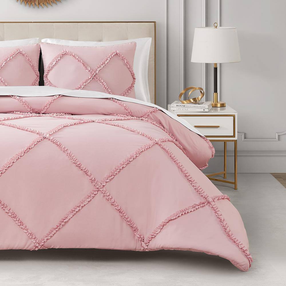 Blush Pink Microfiber Reversible Comforter Set with Ruffle Accents