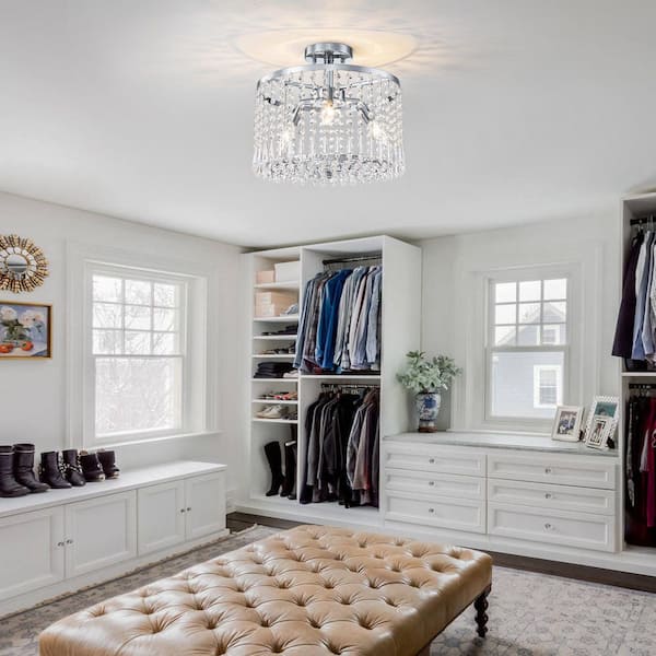 13.8 in. 3-Light Modern Small Chrome Drum Semi-Flush Mount Ceiling Light with Beaded Crystal Shade for Kitchen