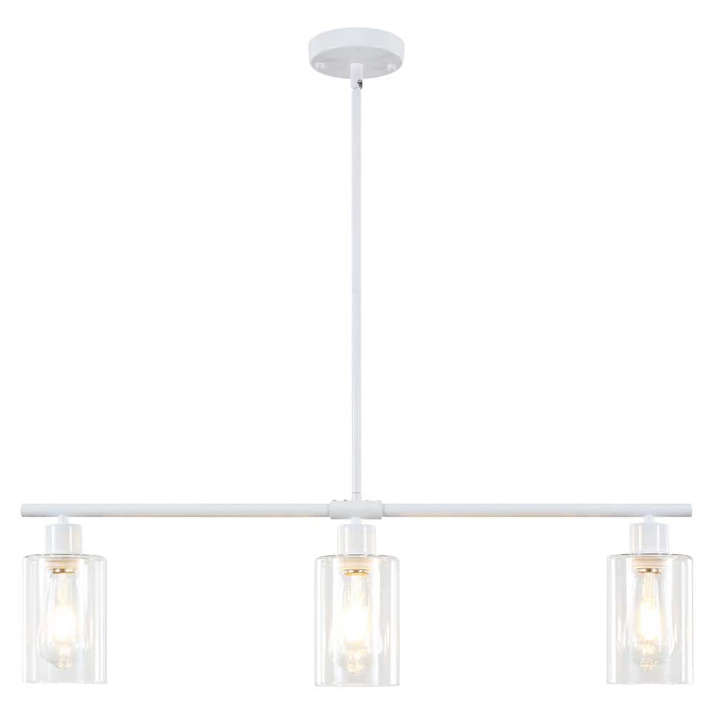 3-Light Shine White Rustic Linear Chandelier for Kitchen Island with Clear 