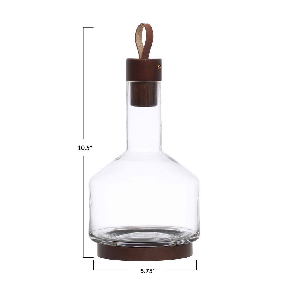 Clear Glass Carafe with Acacia Wood Base and Leather Pull