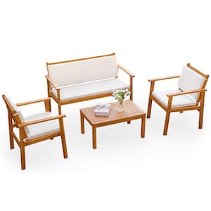 Chillrest 4-Pieces Acacia Wood Patio Conversation Set with Cream Cushion