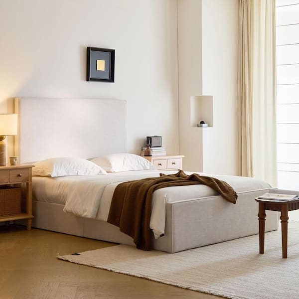 Xavren Modern Ivory White Canvas Upholstered Metal Frame King Size Platform Bed with Tall Headboard