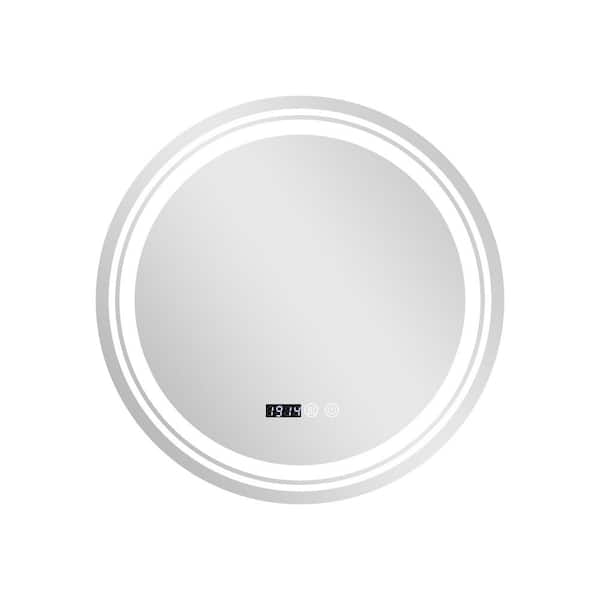 ANGELES HOME 27.5 in. W x 27.5 in. H Round Frameless Anti-Fog Round LED Wall Bathroom Vanity Mirror with 3-Color LED Lights