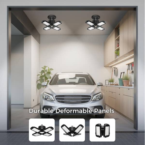 12 in. 60-Watt Black Adjustable 4-Leaf Deformable LED Garage Light 6500K Daylight White Flush Mount for Workshop 2-Pack