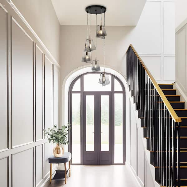 Afmean 5-Light Matte Black and Brass Cluster Chandelier with Geometric Gray Glass Shades for Staircase Foyer Lighting