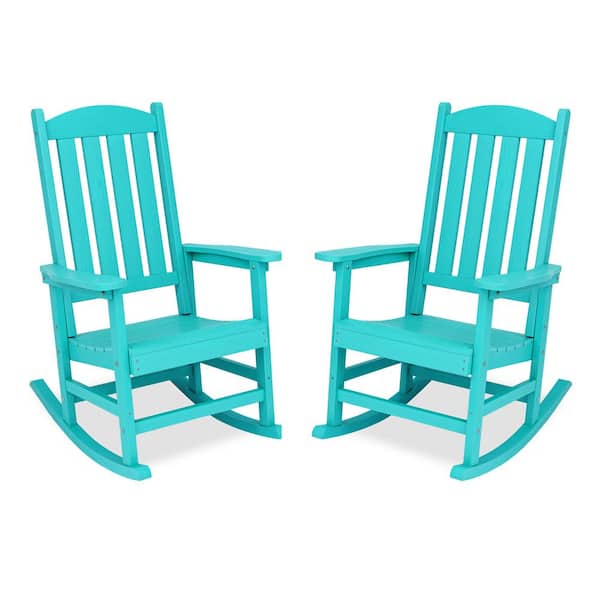 LUE BONA Aruba Blue Plastic Adirondack Outdoor Rocking Chair with High Back, Porch Rocker for Backyard (Set of 2)