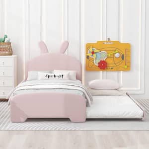 Pink Wood Twin Size Chenille Upholstered Platform Bed with Twin Size Trundle, Cartoon Ears Shaped Headboard, Bedrail