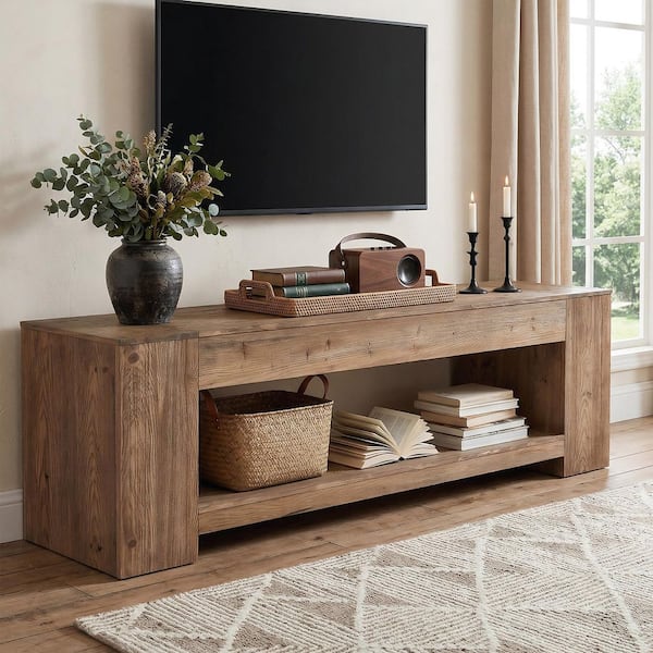 Ezlynn Brown Farmhouse Solid Wood TV Stand Entertainment Center Low TV Media Console Fits TVs up to 75 in. with Storage