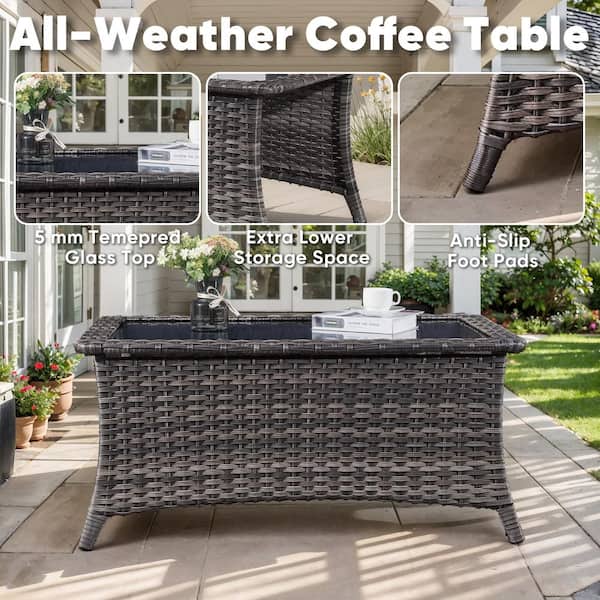 Gray Rectangle Wicker Outdoor Coffee Table with Black Tempered Glass Top and Ottoman Storage Space