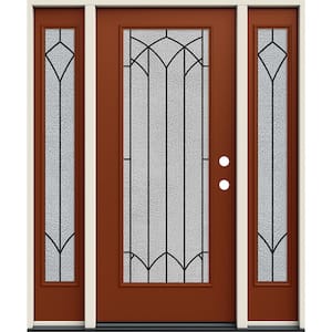 60 in. x 80 in. Left Hand/Inswing Full Lite Mointclaire Decorative Glass Mesa Red Steel Prehung Front Door w/ Sidelites