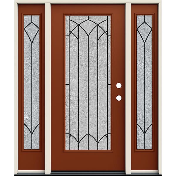 60 in. x 80 in. Left Hand/Inswing Full Lite Mointclaire Decorative Glass Mesa Red Steel Prehung Front Door w/ Sidelites
