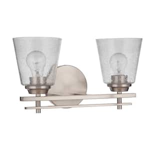 Drake 15.5 in. 2 Light Brushed Polished Nickel Finish Vanity Light with Seeded Glass