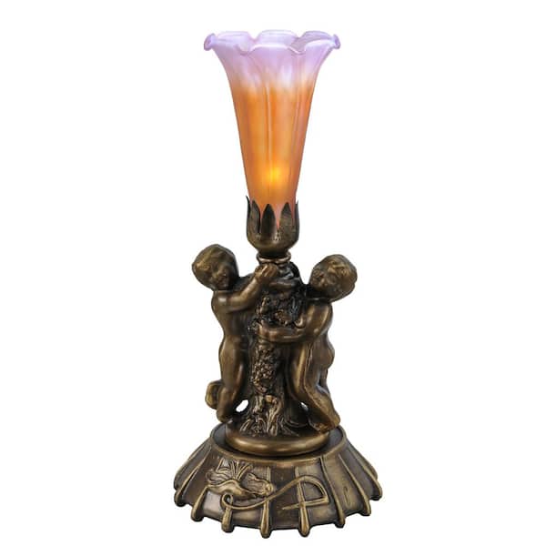 Pond Lily 12 in. Mahogany Bronze Novelty Victorian Twin Cherub Table Lamp with Amber and Purple Glass Shade