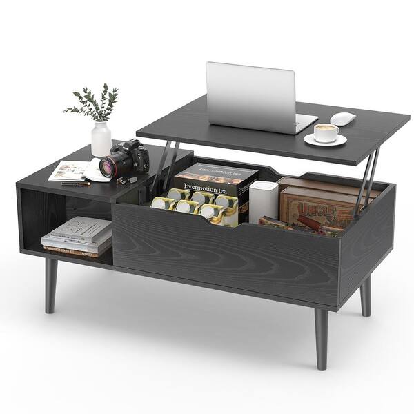 FIRNEWST 40 in. Black Rectangle Wood Coffee Table with Lift Top and
