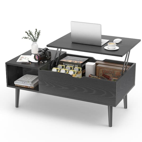 FIRNEWST 40 in. Black Rectangle Wood Coffee Table with Lift Top and Hidden Compartment