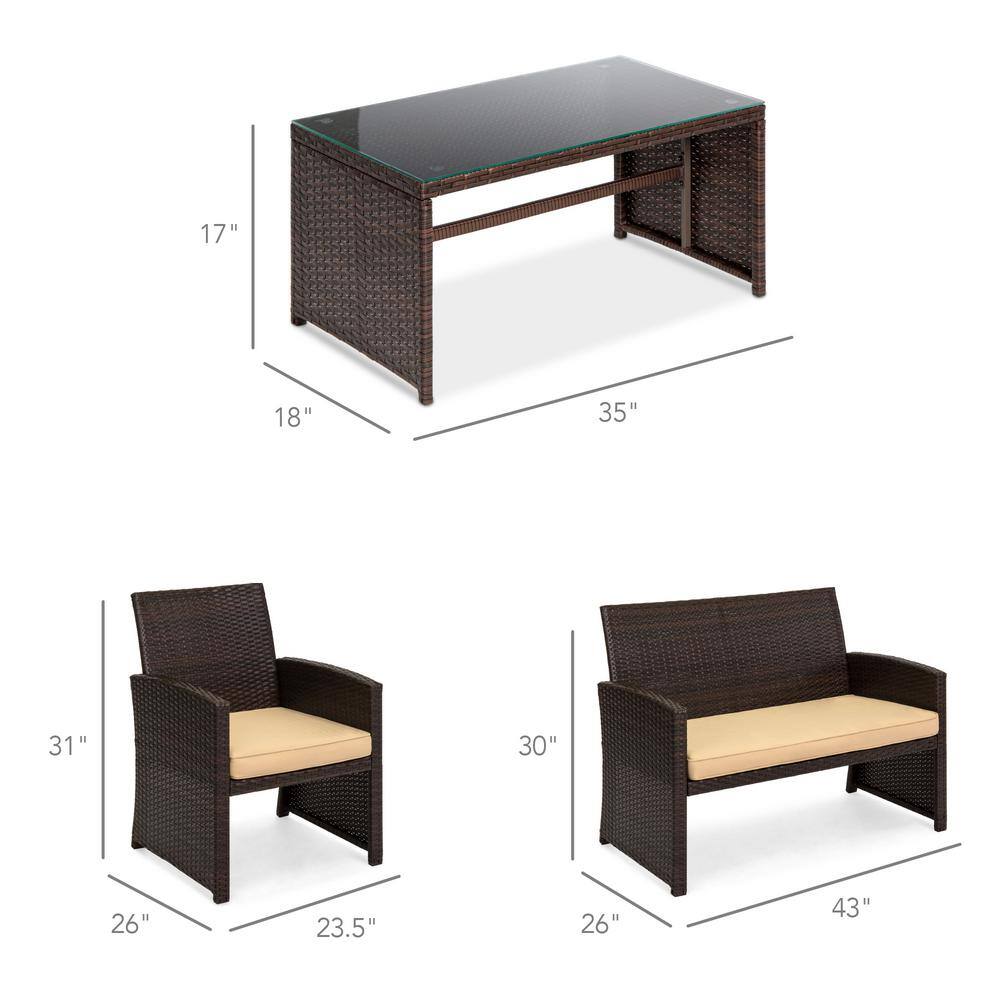 4-Piece Brown Wicker Patio Conversation Set with Beige Cushions and Glass Table