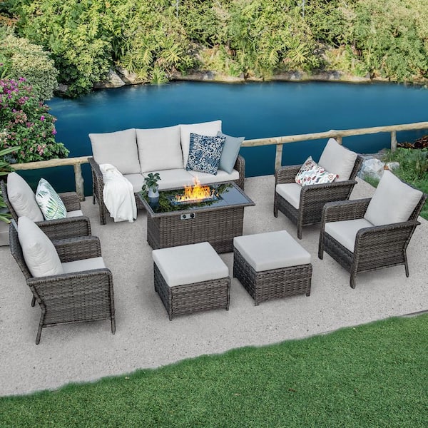 BRAFAB 8-Piece Wicker Patio Rectangle Fire Pit Conversation Set with Cushions