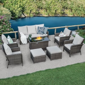 8-Piece Wicker Patio Rectangle Fire Pit Conversation Set with Cushions