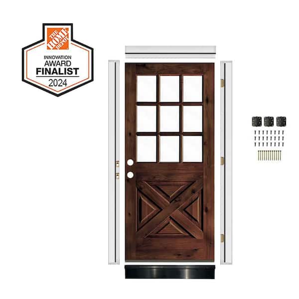 RTA 32 in. x 80 in. X-Panel Right-Hand/Inswing 1/2 Lite Clear Glass Red Mahogany Stain Stain Wood Front Door
