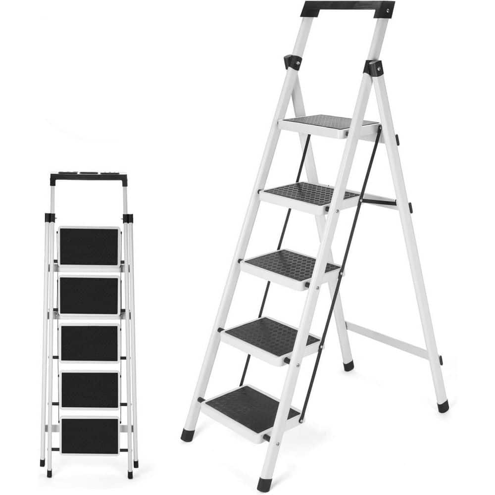 4.67 ft. Portable Iron Step Ladder (9 ft. Reach) with Workbench and Anti-Slip Pedals, 330 lbs. Load Capacity, White price history on PriceWatchPro