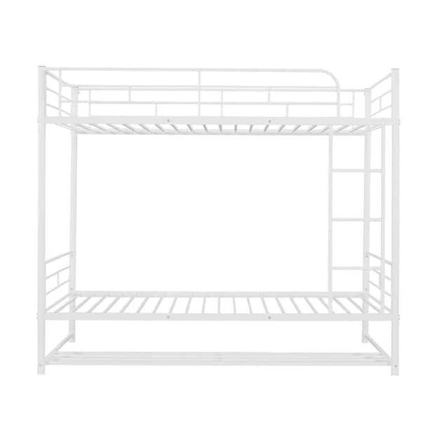 ZIRUWU White Twin Over Twin Metal Bunk Bed with shelf and Slatted Support No Box Spring Needed