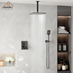 3-Spray 12 in. Ceiling Mount Dual Shower Heads 2.5 GPM Fixed and Handheld Shower Head in Matte Black (Valve Included)