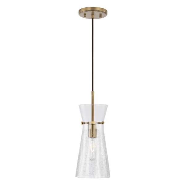 Mila 100-Watt 1-Light Aged Brass Pendant Light with Clear Half-Crackle Tapered Glass and No Bulbs Included