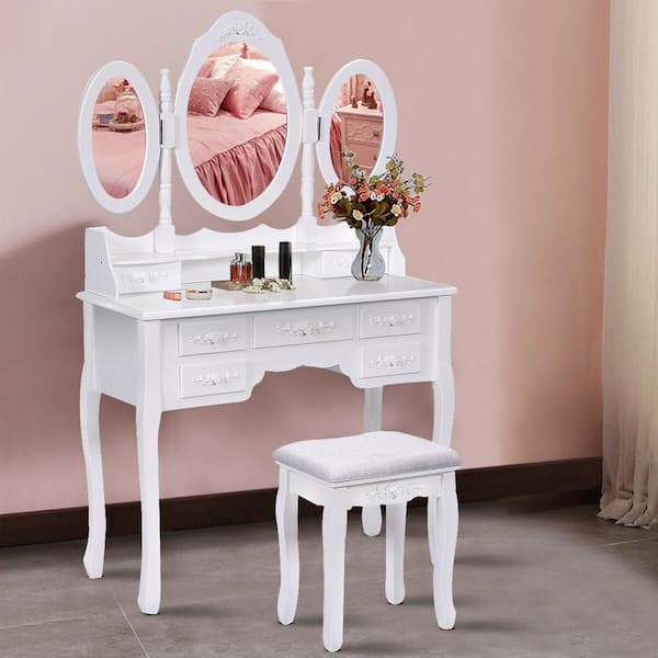 Costway White Wood Bedroom Vanity Set, Vanity Set With Stool