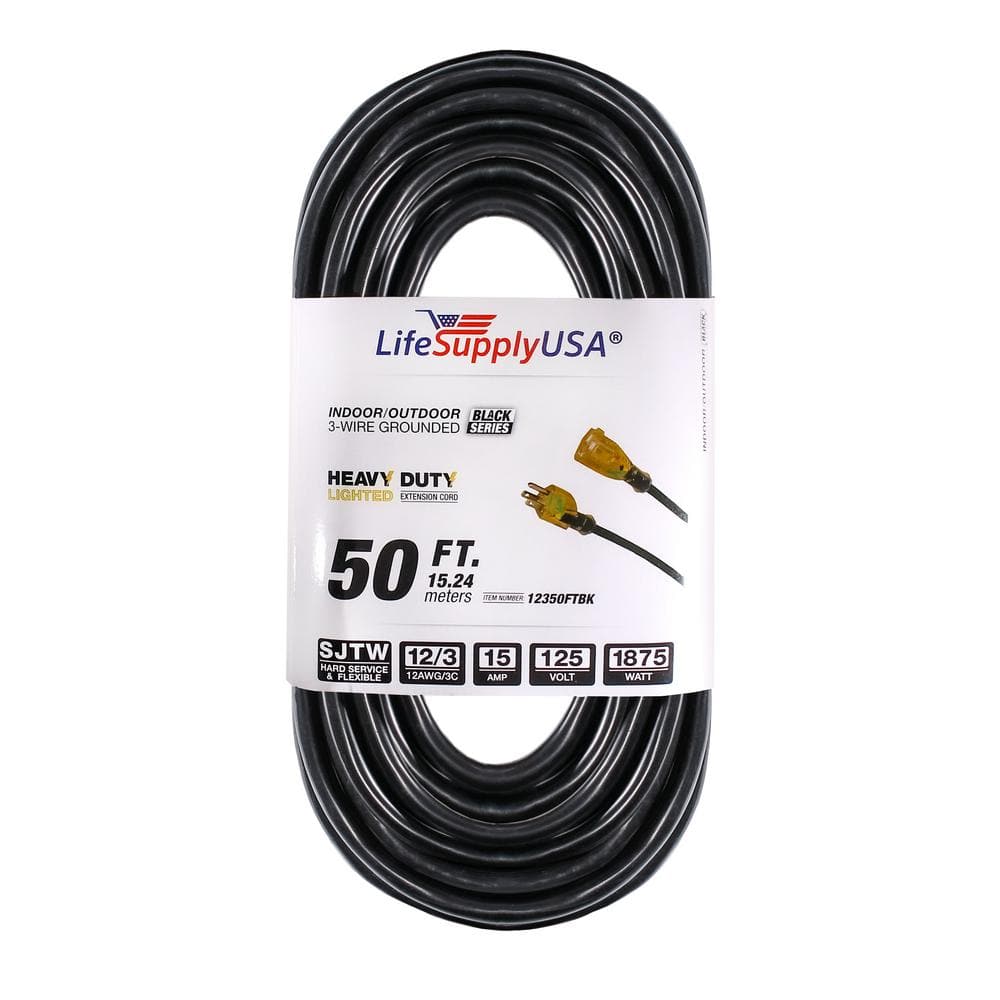 LifeSupplyUSA 50 ft. 12/3 SJTW 15 Amp 125-Volt 1875-Watt Lighted End Indoor/ Outdoor Black Heavy-Duty Extension Cord 12350FTBK The Home Depot