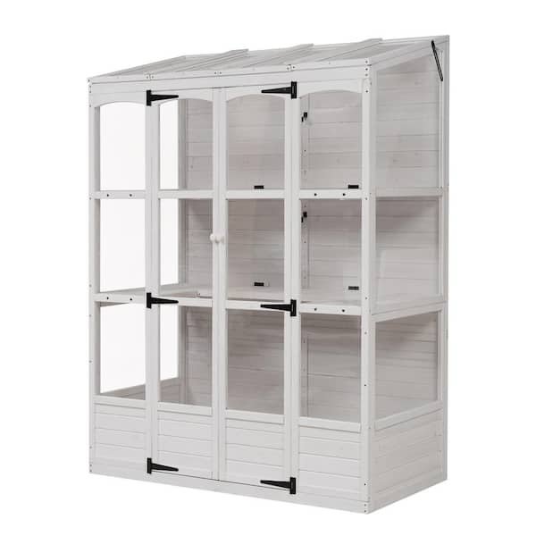 Zeus & Ruta 57.9 in. W x 78.1 in. H White Wood Greenhouse Balcony Cold Frame with with 4 Skylights and 2 Folding Middle Shelves