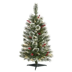 3 ft. Pre-lit Frosted Swiss Pine Artificial Christmas Tree with 50 Battery Operated Clear LED Lights and Berries