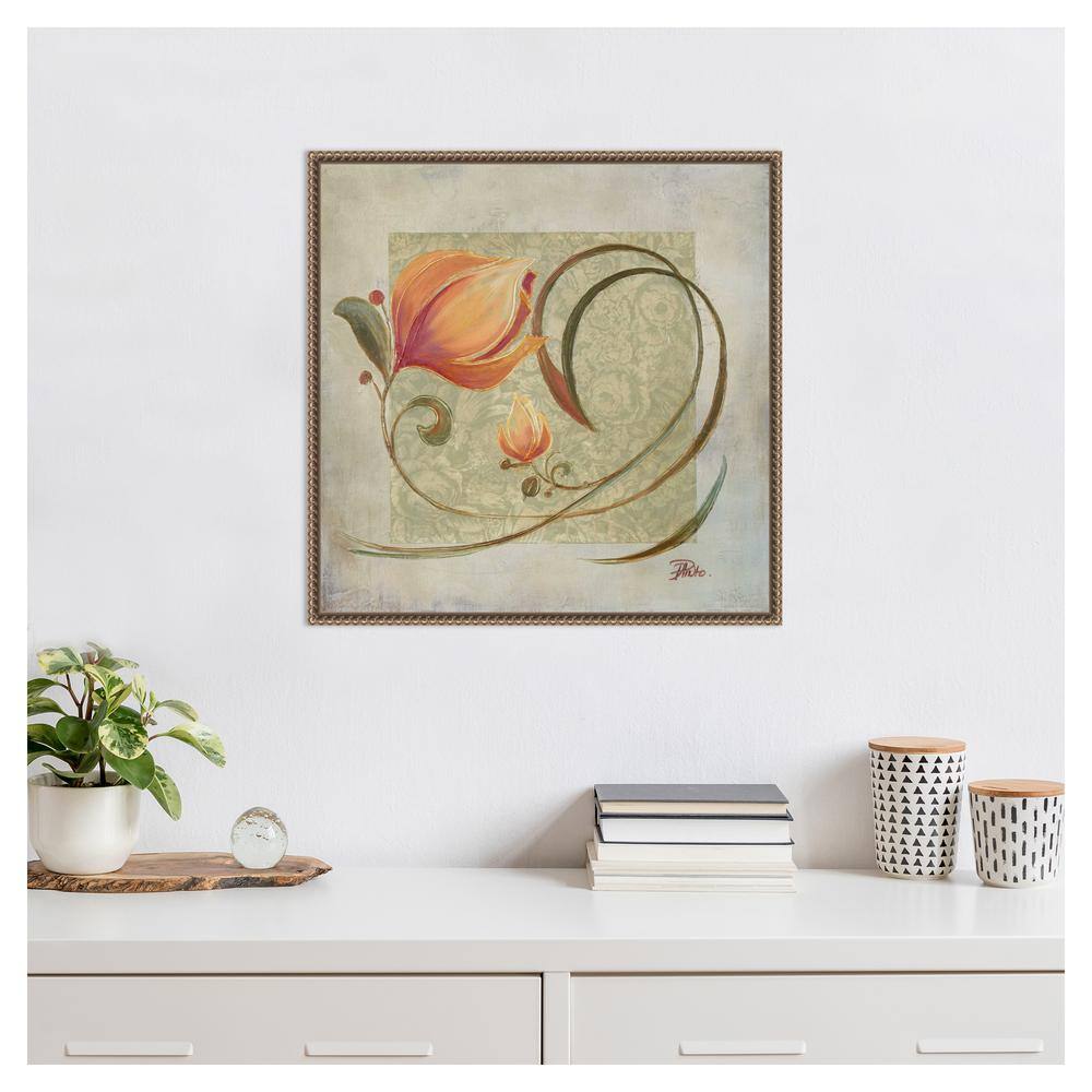 Peach Floral Beaded Bronze Framed Canvas Wall Art
