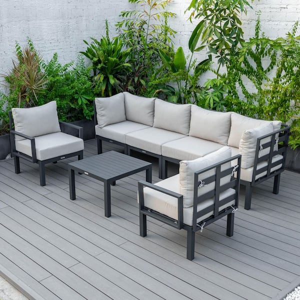Leisuremod Chelsea 7-Piece Sectional Seating Set in Black Aluminum with a Square Coffee Table and Removable Cushions in Beige