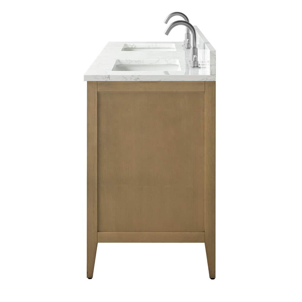 60" Natural Oak Double Sink Freestanding Bathroom Vanity with Engineered Marble Top