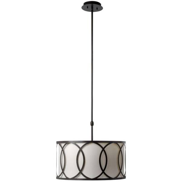 Hampton Bay Davenport 3-Light Oil-Rubbed Bronze Pendant with White Fabric Drum Shade and Metal Overlay