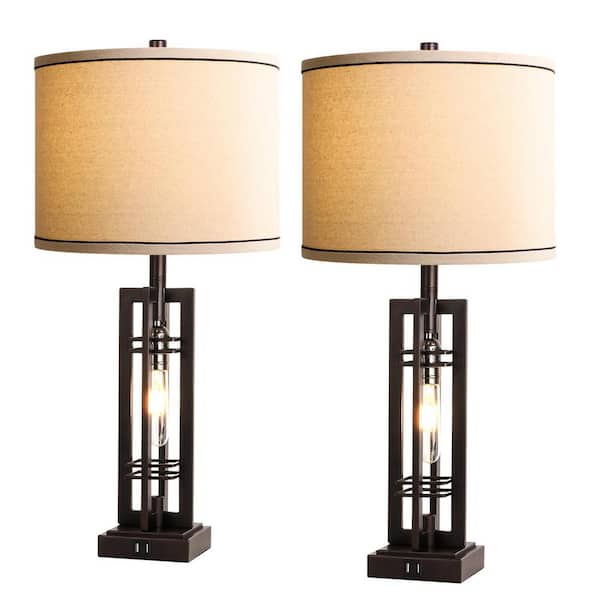 Rottogoon 27.5 in Farmhouse Table Lamps with USB C/A Ports, Living Room Lamps Set of 2, Oil-Rubbed Bronze End Lamp for Bedroom