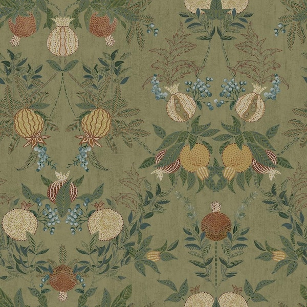 CHRIS LOVES JULIA Melograno Moss Green Damask Peel and Stick 8 in. x 10 in. Wallpaper Sample