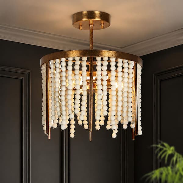 13 in. 3-Light Mid-century Modern Antique Gold Semi-Flush Mount Light with Weathered White Wood Beads for Foyer