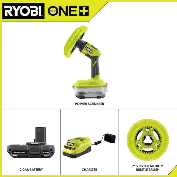 ONE+ 18V Cordless VORTEX Power Scrubber Kit with 2.0 Ah Battery, Charger, and 7 in. VORTEX Soft and Hard Bristle Brushes
