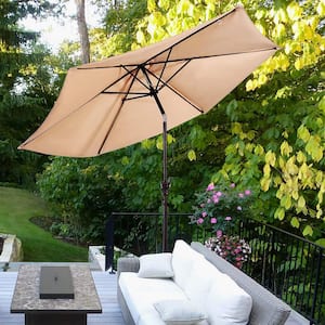 9 ft. Patio Umbrella Outdoor in Beige with 50 lbs. Round Umbrella Stand with Wheels