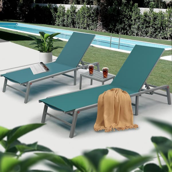 3Pack Outdoor Lounge Chair Set Foldable Patio Lounger w/ 5-Adjustable Backrest Recliner 2-Mint Green Textilence w/ Table