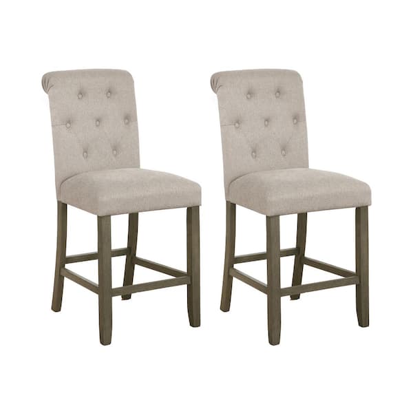 Coaster 40.5 in. H Rustic Brown and Beige Tufted Back Wood Frame Counter Height Stool with Fabric Seat (Set of 2)